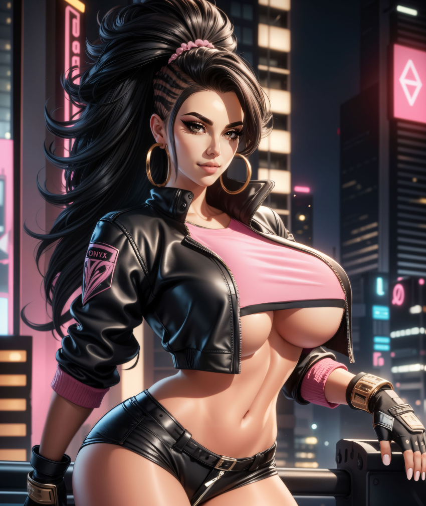 ai_generated bare_midriff black_hair booty_shorts crop_top cropped_jacket gloves hoop_earrings large_breasts long_hair onyx_(pure_onyx) pure_onyx underboob