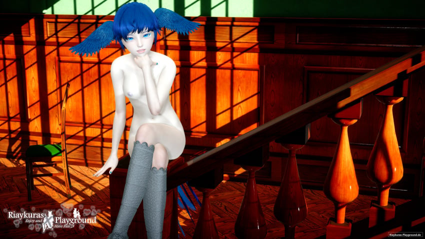 3d 3d_model avian_feet avian_humanoid bird_feet bird_girl bird_humanoid blue_eyes blue_hair blue_nails blue_nipples breasts crossed_legs female female_only final_fantasy final_fantasy_xiv harpy high_res high_resolution highres meteion naked naked_female nude nude_female riaykuras_playground self_upload sitting solo solo_female stairs wings wings_on_head