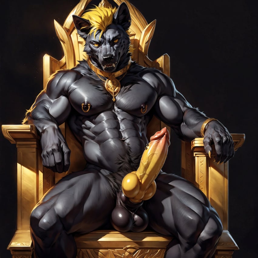 1boy abs ai_generated animal_genitalia animal_penis anthro balls black_body blonde_hair canine_genitalia canine_penis canine_teeth chair ear_piercing erection furniture genital_piercing genitals gold_(metal) gold_jewelry hi_res hyaenid jewelry knot looking_at_viewer male male_only mammal muscular nipple_piercing nipples penis penis_piercing piercing pubes rayden_(e6ai) sitting solo throne yellow_eyes yellow_penis