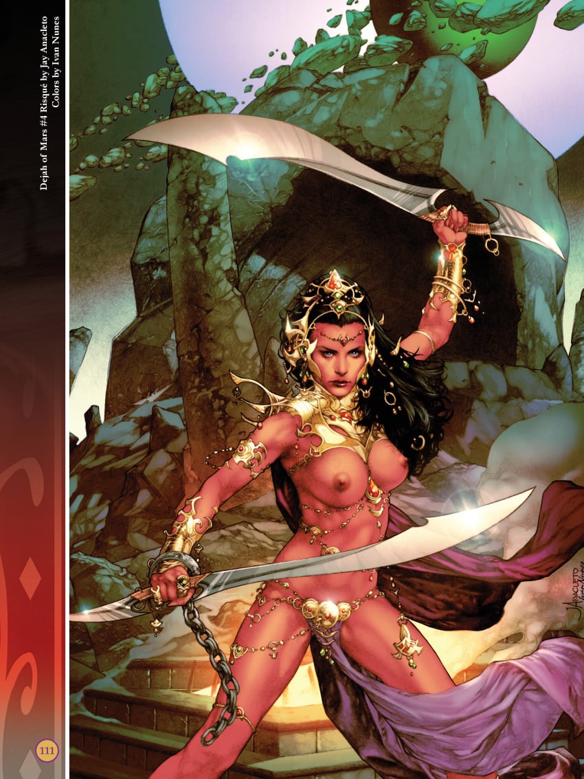 1girls a_princess_of_mars barsoom black_hair bondage bound_wrists captured chains defeated dejah_thoris dual_wielding enslaved_royal fit_female headdress holding_weapon ivan_nunes jay_anacleto john_carter_of_mars large_breasts loincloth long_hair martian official_art royalty shackles shoulder_armor slave sword voluptuous wrist_cuffs