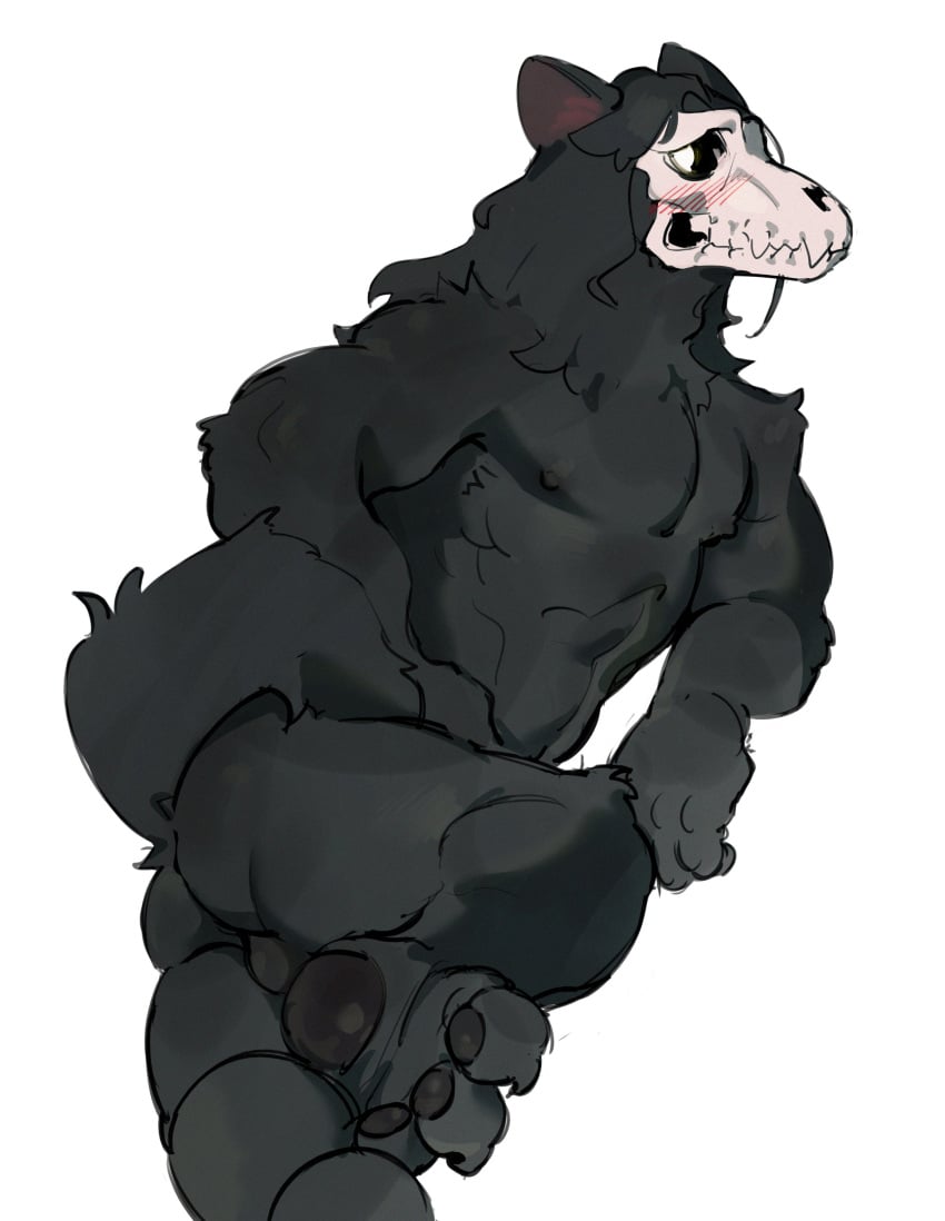 absurd_res anthro ass balls black_body black_fur blush blush_lines bone claws dog_ears fangs feet fur gay gay_male genitals hi_res hindpaw kogito mal0 male male_only male_solo malo mammal muscular muscular_anthro muscular_male nipples nude pawpads paws pecs scp-1471 scp-1471-a scp_foundation skull skull_head solo tail teeth toe_claws toes white_eyes yaoi
