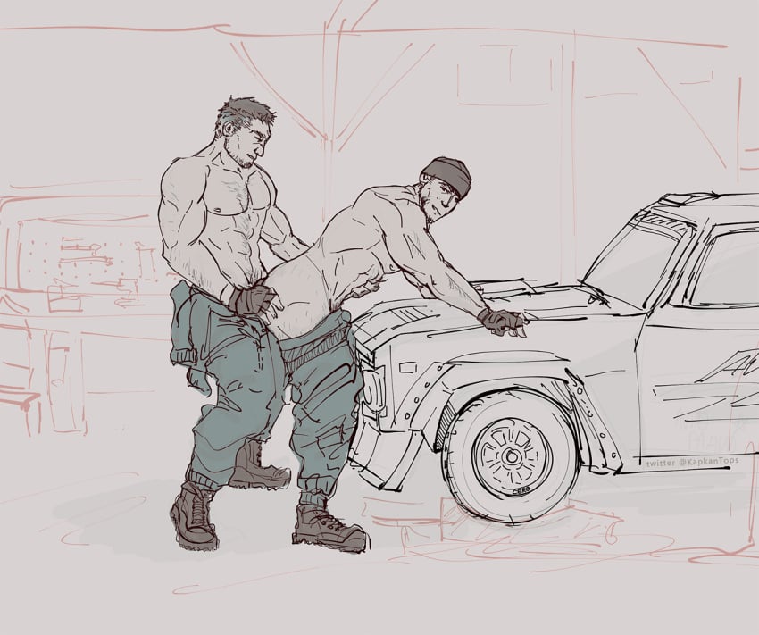 2boys against_car alternate_universe anal anal_sex beanie coveralls fingerless_gloves gay gay_sex glaz_(rainbow_six) kapkan_(rainbow_six) kapkantops leaning_on_object male_only muscular muscular_male pants_down rainbow_six rainbow_six_siege workshop yaoi