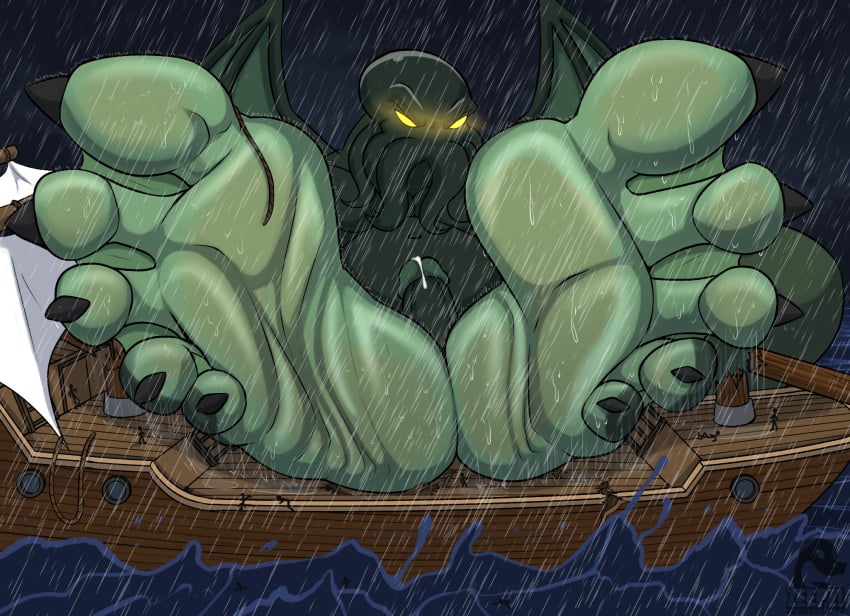 2023 5_toes barefoot boat bodily_fluids cephalopod claws cthulhu cthulhu_mythos digital_media_(artwork) eldritch_abomination extreme_size_difference feet feet_focus foot_focus genital_fluids genitals h.p._lovecraft hi_res humanoid_feet macro male male_foot_fetish male_only marine mollusk non-human penis plantigrade precum raining sea size_difference soles toe_claws toes vehicle water watercraft where_is_your_god_now zp92