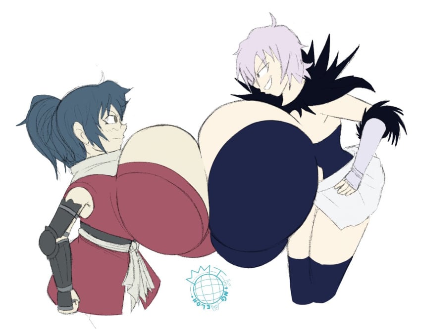 alternate_breast_size big_breasts blue_hair breast_envy breasts catfight gigantic_breasts hand_on_hip huge_breasts kingmelon large_breasts looking_down_at_another manyuu_chifusa manyuu_hikenchou manyuu_kagefusa medium_hair ninja ponytail sash skirt smug symmetrical_docking white_hair