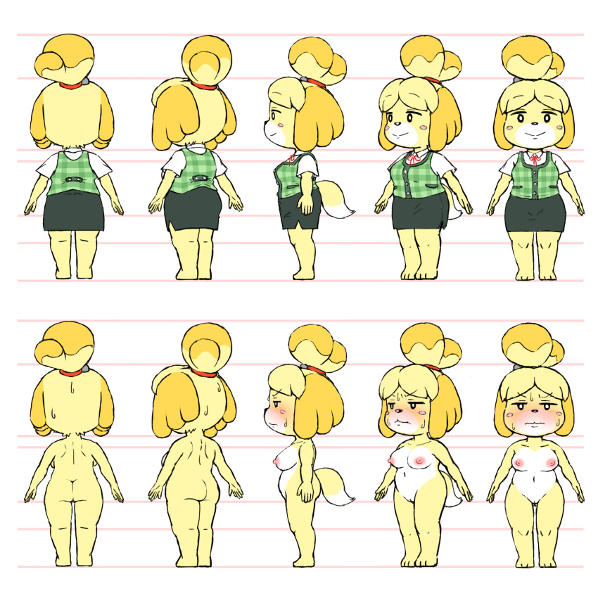 1:1 accurate_art_style animal_crossing anthro bodily_fluids canid canine canis clothed clothing davirook domestic_dog embarrassed embarrassed_nude_female enf female frown genitals hi_res isabelle_(animal_crossing) mammal model_sheet multiple_angles nintendo nude off/on pussy smile solo sweat video_games