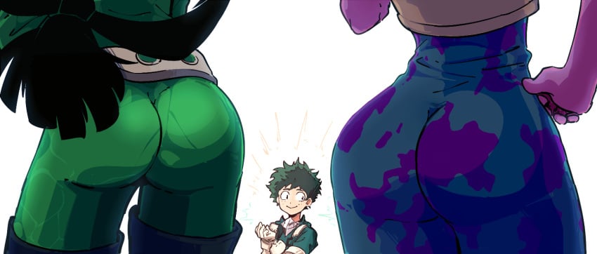 1boy 2girls ass ass_focus big_ass bubble_butt butt_crack_outline clothed clothing favorite from_behind hero_outfit_(mha) izuku_midoriya mina_ashido mrplow34 my_hero_academia tight_clothing tsuyu_asui