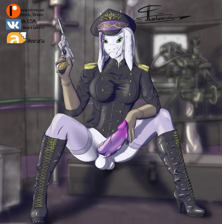 army berta_(character) boots comission dragon_cock futa_only futanari knot penis pistol rtart rtart_(artist) soldier solo squatting testicles uncensored undertale uniform