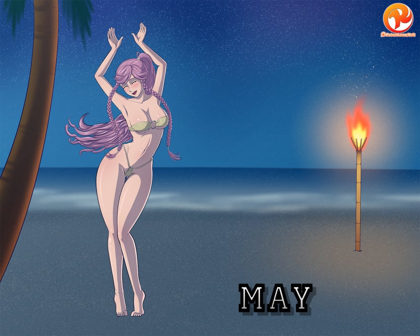 1girls 2d barefoot beach bikini braid breasts cleavage dancer dancing drill_hair eyes_closed fire fire_emblem fire_emblem_awakening large_breasts long_hair micro_bikini micro_bikini_bottom navel night nintendo o-ring_bikini o-ring_bikini_top ocean olivia_(fire_emblem) pink_hair ponytail reit sand smile solo strapless_bikini swimsuit torch tree twin_braids underboob water