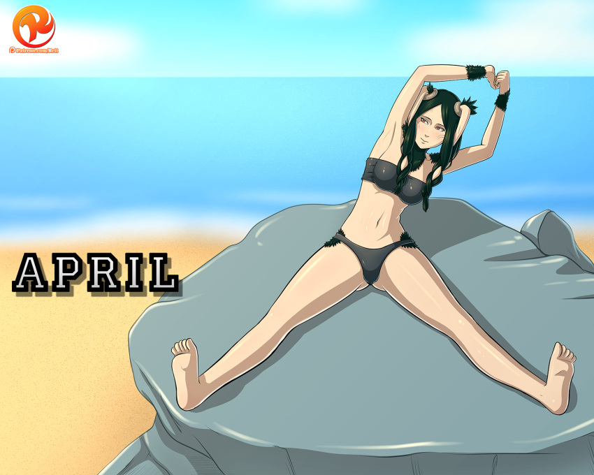 1girls bandeau barefoot beach bikini black_bikini black_hair black_swimsuit blush breasts female female_only fire_emblem fire_emblem_awakening fur humanoid large_breasts long_hair navel panne_(fire_emblem) rabbit_ears reit rock sand sitting smile solo strapless_bikini stretching swimsuit taguel water