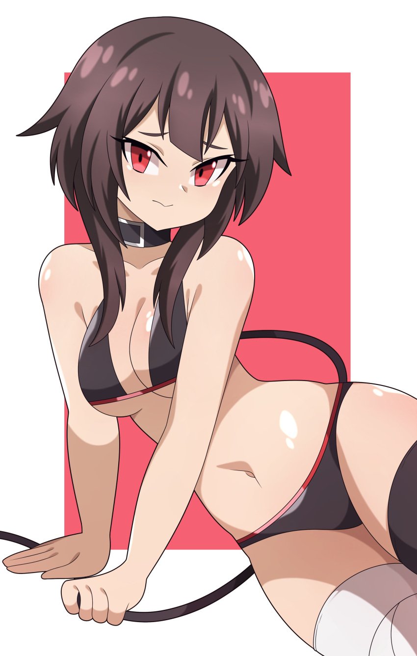 1girls abysswatchers ass big_ass big_butt bikini breasts brown_hair eye_contact female female_only kono_subarashii_sekai_ni_shukufuku_wo! long_hair looking_at_viewer looking_back medium_breasts megumin red_eyes shiny_skin sideboob solo thick_thighs