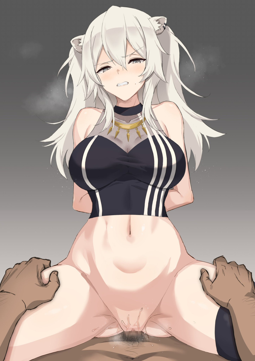 animal_ear_fluff arms_behind_back breasts censored female grey_eyes grey_hair hololive hololive_gen_5 hololive_japan kemonomimi lion_ears lion_girl penis pussy rape sex shishiro_botan steamy_breath straddling tamaki_(tamakikan) tamakikan virtual_youtuber