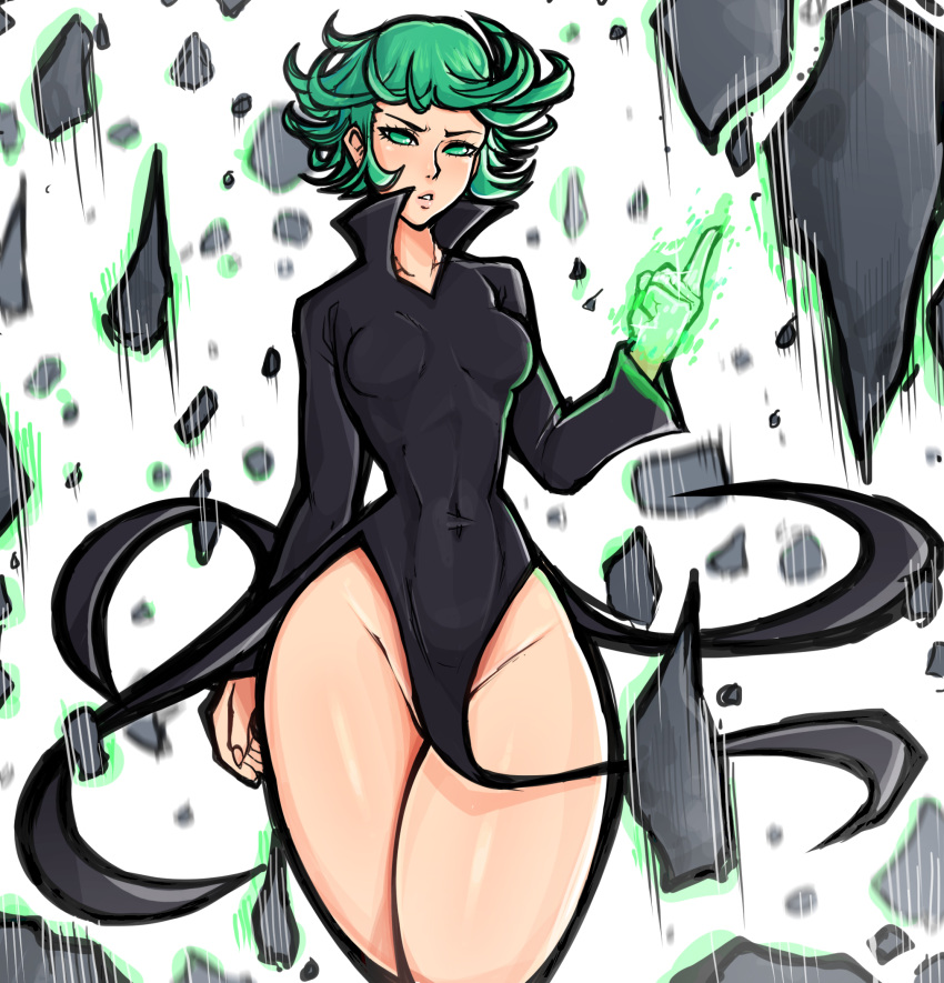 1girls angry_face bare_thighs big_thighs floating frealish green_hair narrow_shoulders one-punch_man petite tatsumaki thin_waist wide_hips