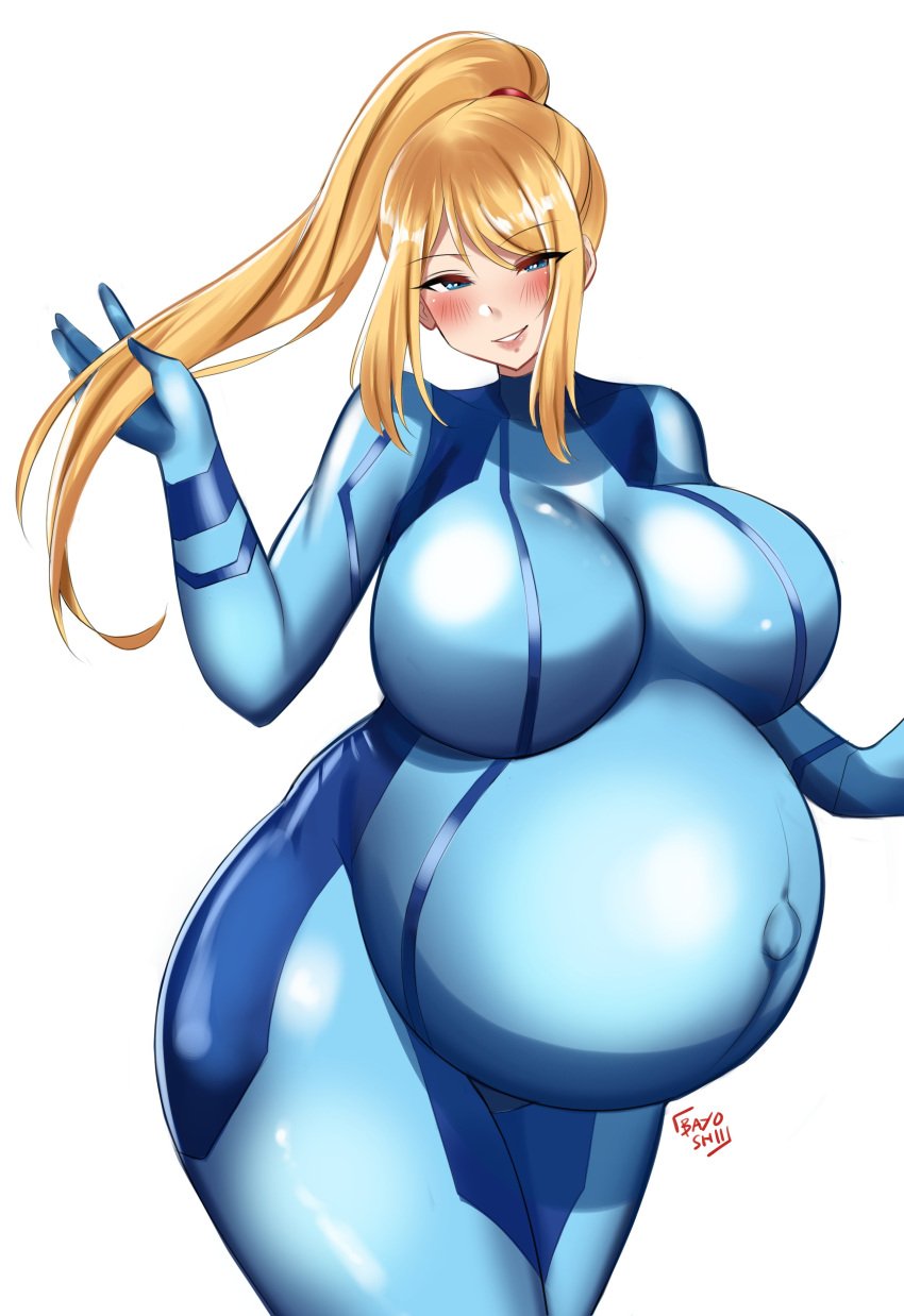 1girls alternate_breast_size bayoshii blonde_hair blue_clothing breasts female female_only huge_belly huge_breasts metroid nintendo ponytail pregnant ready_to_pop samus_aran zero_suit zero_suit_samus