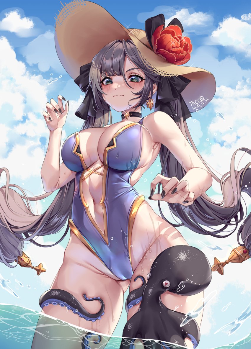 2020 animal aqua_eyes artist_name bangs beach black_hair black_nails blue_eyes blue_swimsuit blush breasts bubble cameltoe choker cleavage cloud dated earrings female female flower genshin_impact gold_trim hair_ornament hair_ribbon hands_up hat hat_flower high_resolution highleg highleg_swimsuit imminent_bestiality imminent_tentacle_rape in_water jewelry large_breasts long_hair midriff mona_(genshin_impact) nail_polish navel necklace ocean octopus one-piece_swimsuit outdoors partially_submerged piercing pixiv_id_16273440 purple_hair ribbon signature single_earring sky solo star_(object) star_(symbol) star_choker straw_hat swimsuit tacco_(tikeworld) tentacle text tied_hair twintails wading water water_bubbles wet