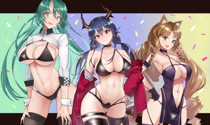 >:( 3girls :d animal_ear_fluff animal_ears arknights armband ass_visible_through_thighs atago_(azur_lane) atago_(azur_lane)_(cosplay) atago_(stunning_speedster)_(azur_lane) azur_lane bangs bare_arms bare_shoulders bikini black_bikini black_choker black_gloves black_legwear black_swimsuit blue_background blue_hair blush breasts brown_hair ch'en_(arknights) choker cleavage collarbone commentary_request confetti cosplay cosplay_request cowboy_shot criss-cross_halter dragon_horns drill_hair drill_locks gloves gradient gradient_background great_lungmen_logo green_background green_eyes green_hair hair_between_eyes halterneck hand_on_hip head_tilt horns hoshiguma_(arknights) jacket large_breasts letterboxed long_hair long_sleeves looking_at_viewer low_twintails multiple_girls navel no_hat no_headwear off_shoulder one-piece_swimsuit oni_horns open_clothes open_jacket open_mouth race_queen red_eyes red_jacket shrug_(clothing) single_horn sleeve_cuffs smile standing stomach swimsuit swire_(arknights) taihou_(azur_lane)_(cosplay) taihou_(enraptured_companion)_(azur_lane) tail thigh_strap thighhighs thighs tiger_ears tiger_tail twintails v-shaped_eyebrows very_long_hair wrist_cuffs yellow_background yuzuruka_(bougainvillea)