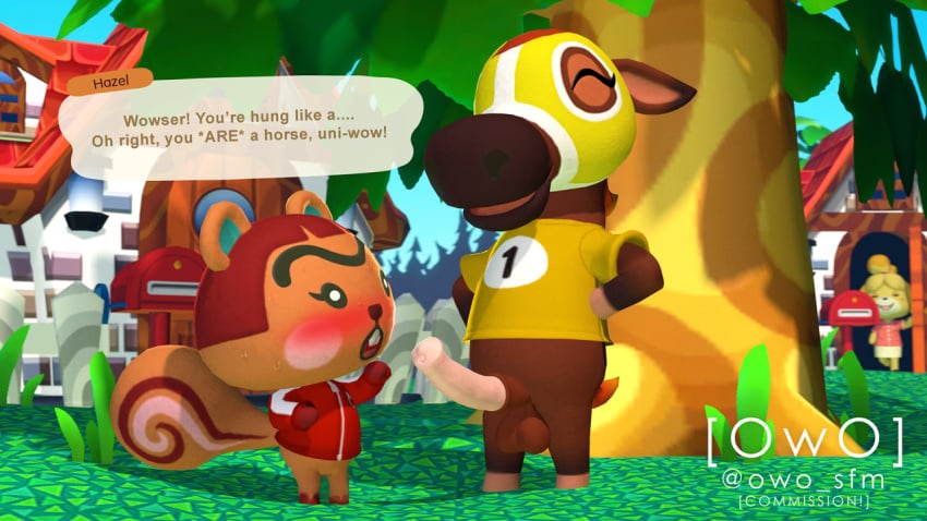 1futa 1girls 3d animal_crossing balls blush bottomless chibi clothed clothing dialogue duo female furry futanari hazel_(animal_crossing) horsecock mostly_clothed nintendo owo_sfm penis source_filmmaker text vagina victoria_(animal_crossing)