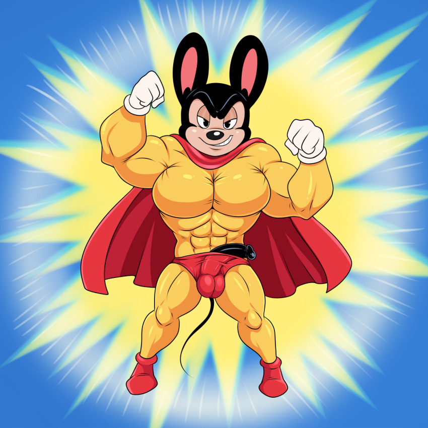 1:1 2020 anthro balls bara clothing genitals gloves handwear hi_res lonbluewolf male male_only mammal mighty_mouse mighty_mouse_(character) mouse murid murine muscular muscular_male penis poking_out rodent solo superhero terrytoons tight_clothing viacom