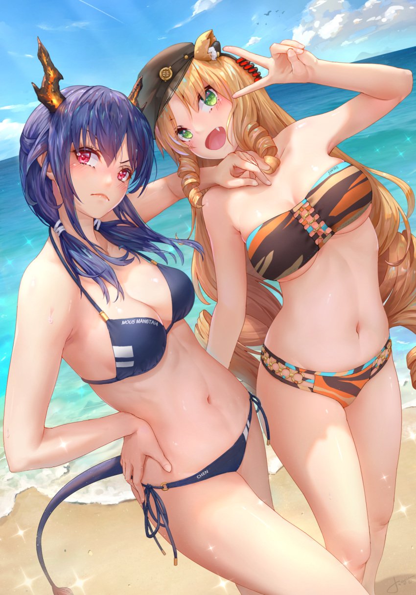 >:( 2girls animal_ears arknights arm_up bandeau bangs bare_arms bare_legs bare_shoulders beach beret bikini black_headwear blonde_hair blue_bikini blue_hair blue_sky blush breasts ch'en_(arknights) cloud cowboy_shot day drill_hair drill_locks eyebrows_visible_through_hair feet_out_of_frame green_eyes hair_between_eyes hand_on_another's_shoulder hand_on_hip hat head_tilt highres horns jay_xu long_hair looking_at_viewer low_twintails medium_breasts multiple_girls navel ocean oerba_yun_fang open_mouth outdoors red_eyes side-tie_bikini sky sparkle standing stomach strapless strapless_bikini string_bikini swimsuit swire_(arknights) tail thighs tiger_ears tubetop twintails v v-shaped_eyebrows very_long_hair water