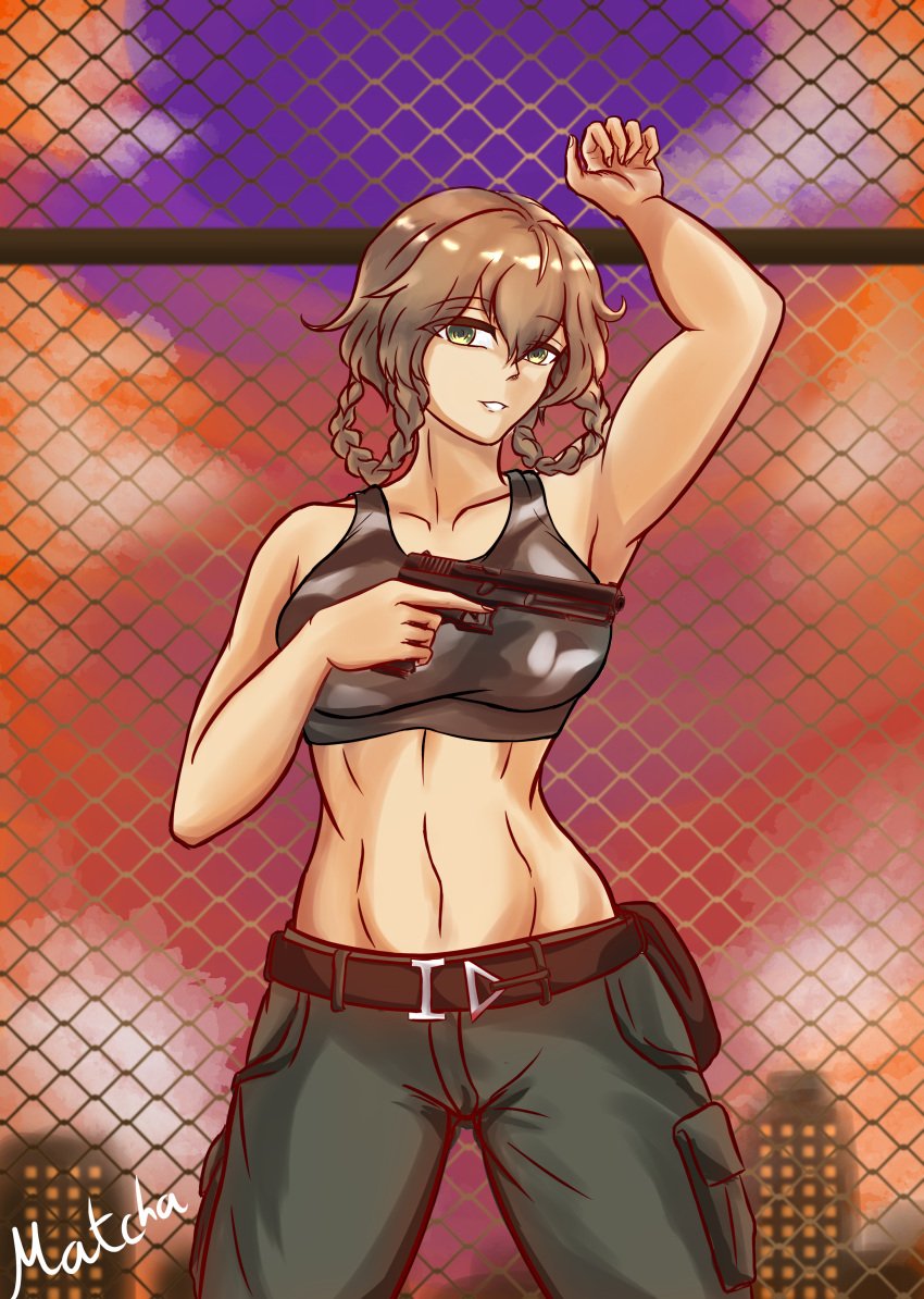 abs against_fence amane_suzuha arms_up artist_request background belt braided_hair brown_hair camouflage cargo_pants cityscape crop_top fence gun hazel_eyes looking_at_viewer matcha_(i.snort) midriff muscles navel outdoors pants pistol short_hair smile standing steins;gate steins;gate_0 trigger_discipline twin_braids