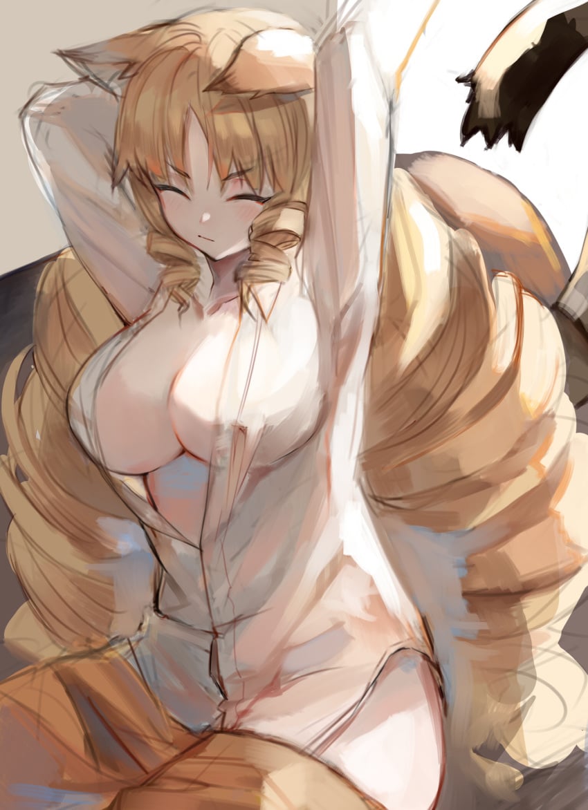 animal_ears arknights arms_up blonde_hair breasts cleavage closed_eyes dress_shirt drill_hair female highres large_breasts long_hair long_sleeves no_bra ryuuji_teitoku shirt sketch solo stretch swire_(arknights) tail tiger_ears tiger_girl tiger_tail twin_drills v-shaped_eyebrows very_long_hair white_shirt