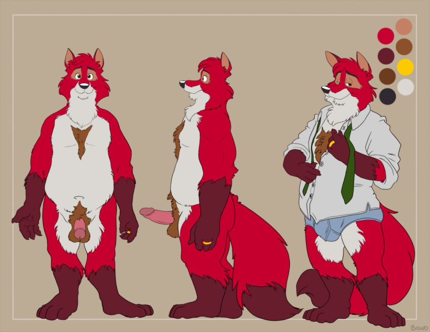 2018 anthro balls black_nose bravo bulge canid canine clothing detailed_bulge erection flaccid fox fur genital_outline genitals humanoid_genitalia humanoid_hands humanoid_penis hyenafur kody_rowan_(character) male mammal model_sheet penis penis_outline red_body red_fur shirt slightly_chubby solo topwear white_body white_fur