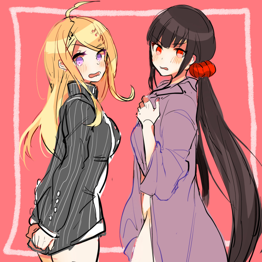 2017 2girls absurd_res ahoge akamatsu_kaede angry black_jacket blonde_hair blush brown_hair caught colored covering covering_ass danganronpa danganronpa_v3 embarrassed female_only hair_ornament harukawa_maki hi_res large_breasts long_hair multiple_girls no_panties nude only_one_layer_of_clothing purple_eyes purple_jacket red_background red_eyes red_scrunchie scrunchie small_breasts smooth_skin surprised twintails very_long_hair wholesome