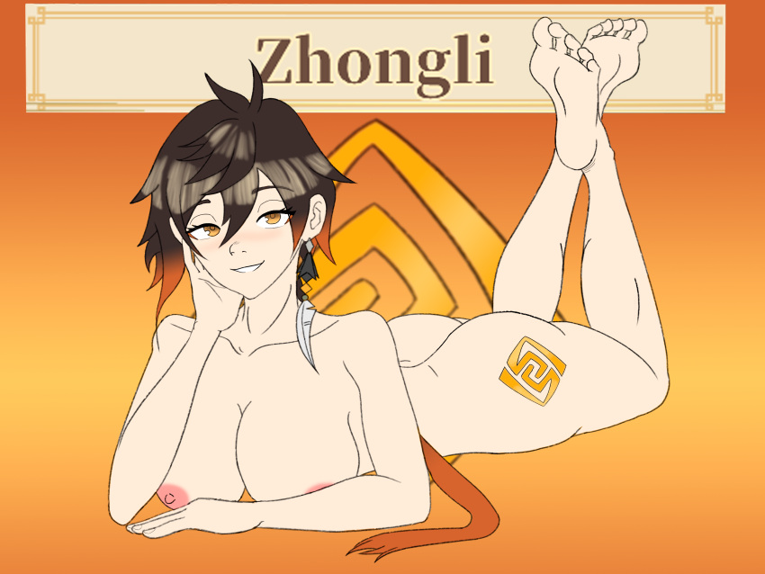 breasts brunette feet feet_up genderswap_(mtf) genshin_impact looking_at_viewer orange_eyes rule_63 soles the_pose toes zhongli_(genshin_impact) zhongli_jiejie