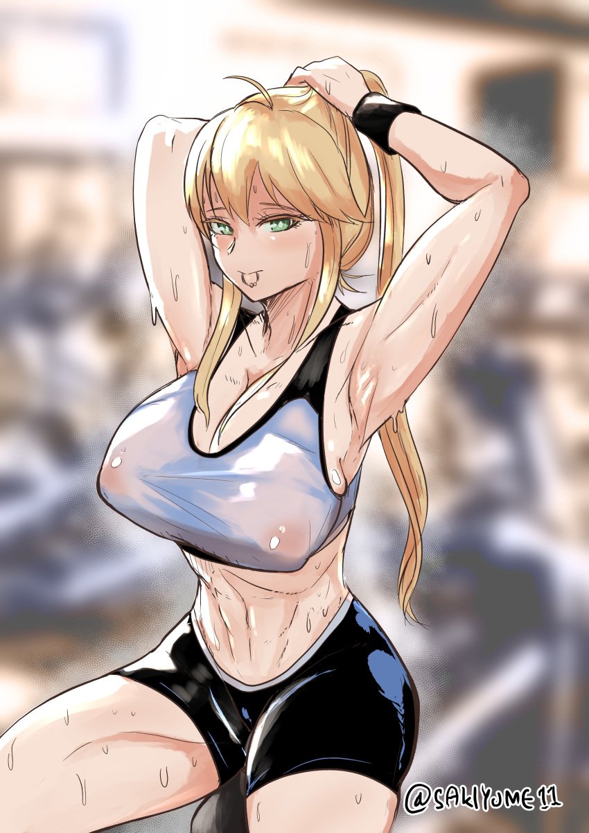 artoria_pendragon artoria_pendragon_(lancer) big_breasts blonde_hair breasts fate/grand_order fate_(series) green_eyes gym_clothes looking_at_viewer ponytail sakino_yumeko sakiyume11 see-through see-through_clothing spats sweaty