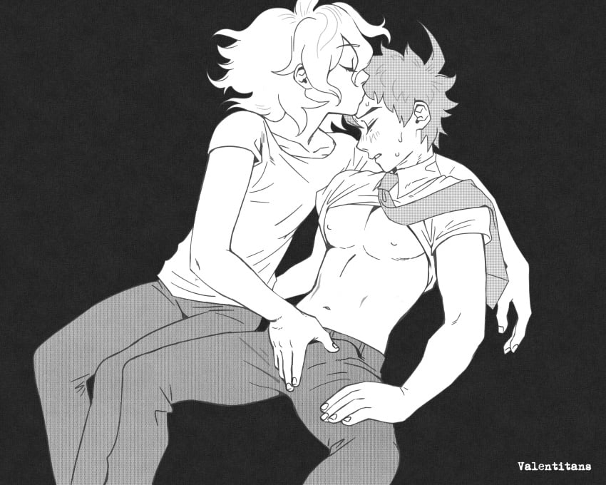 2boys artist_name blush boner closed_eyes clothed clothing danganronpa danganronpa_2:_goodbye_despair erection erection_under_clothes gay greyscale hinata_hajime kissing kissing_forehead legs_apart male male/male male_only monochrome nagito_komaeda ren_valentine rubbing shirt_lift shirt_up sleeping somnophilia straight_hair yaoi