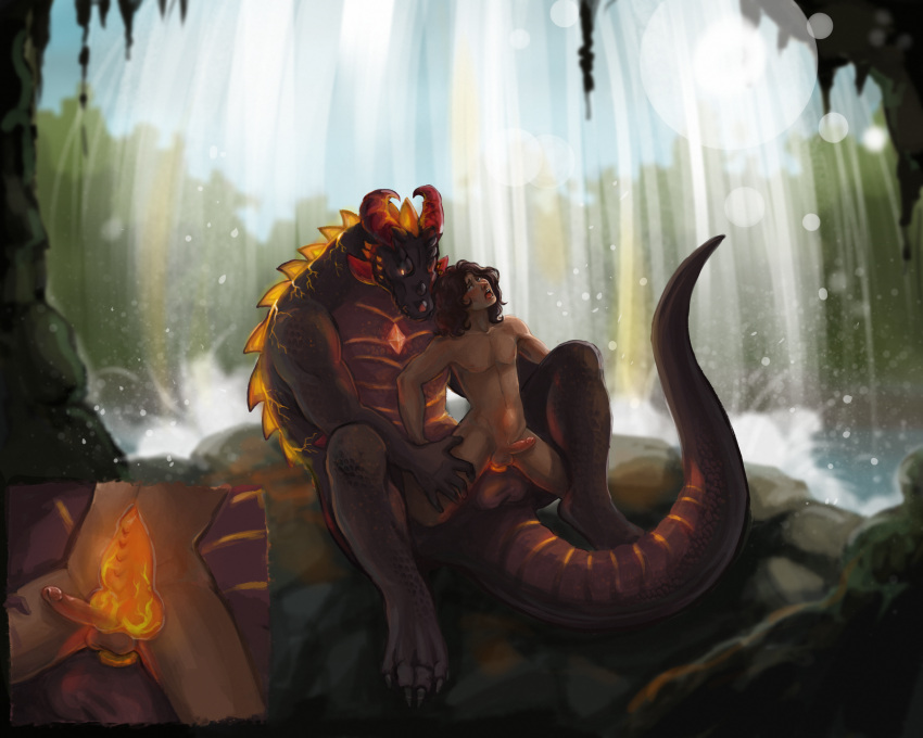 5:4 alex_(everbolt) big_dom_small_sub danawolfin dominant dominant_feral dragon duo feral genitals girly glowing glowing_genitalia glowing_penis hi_res human male male/male mammal mikori_firebrand_(everbolt) outside penis size_difference stomach_bulge waterfall