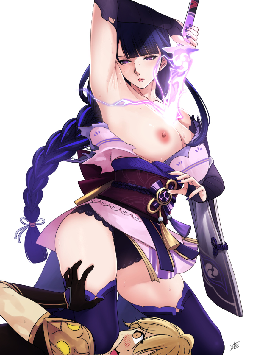 1boy 1girls aether_(genshin_impact) areola armpit armpits black_panties blonde_hair blush braid breast breasts cowgirl_position electricity execution female femdom genshin_impact gold_eyes hi_res imminent_death knee_on_face kneeling large_breasts male malesub nipples one_breast_out panties pubic_hair purple_eyes purple_hair raiden_shogun stockings submissive_male sweat sword thighhighs underwear vision_(genshin_impact) xtermination