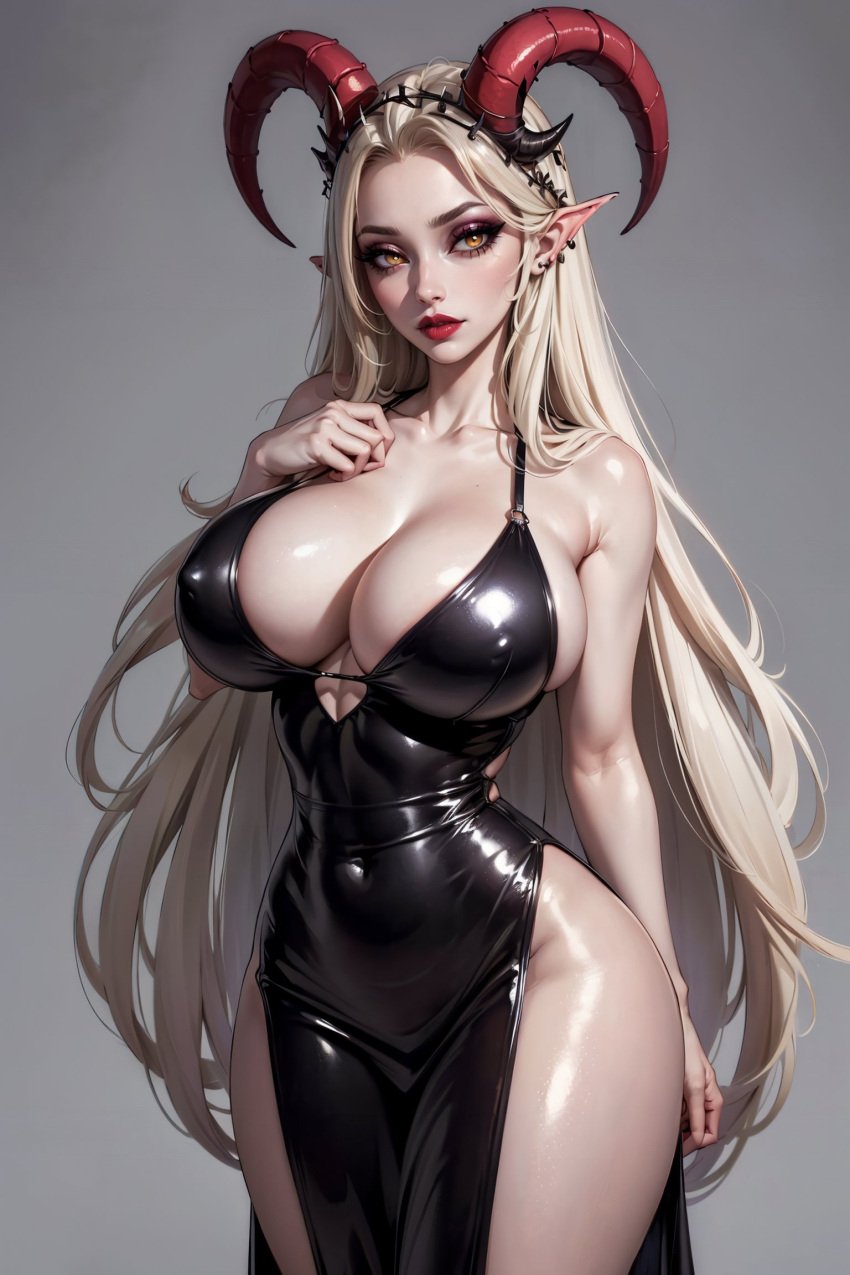 1demon 1girls ai_generated amber_eyes big_breasts boob_window breasts covered_nipples curvy demon demon_girl demon_horns dress elf_ears hand_on_breast hazbin_hotel huge_breasts league69 lilith_morningstar_(hazbin_hotel) long_hair milf mother nipple_bulge no_panties solo succubus white_hair wide_hips