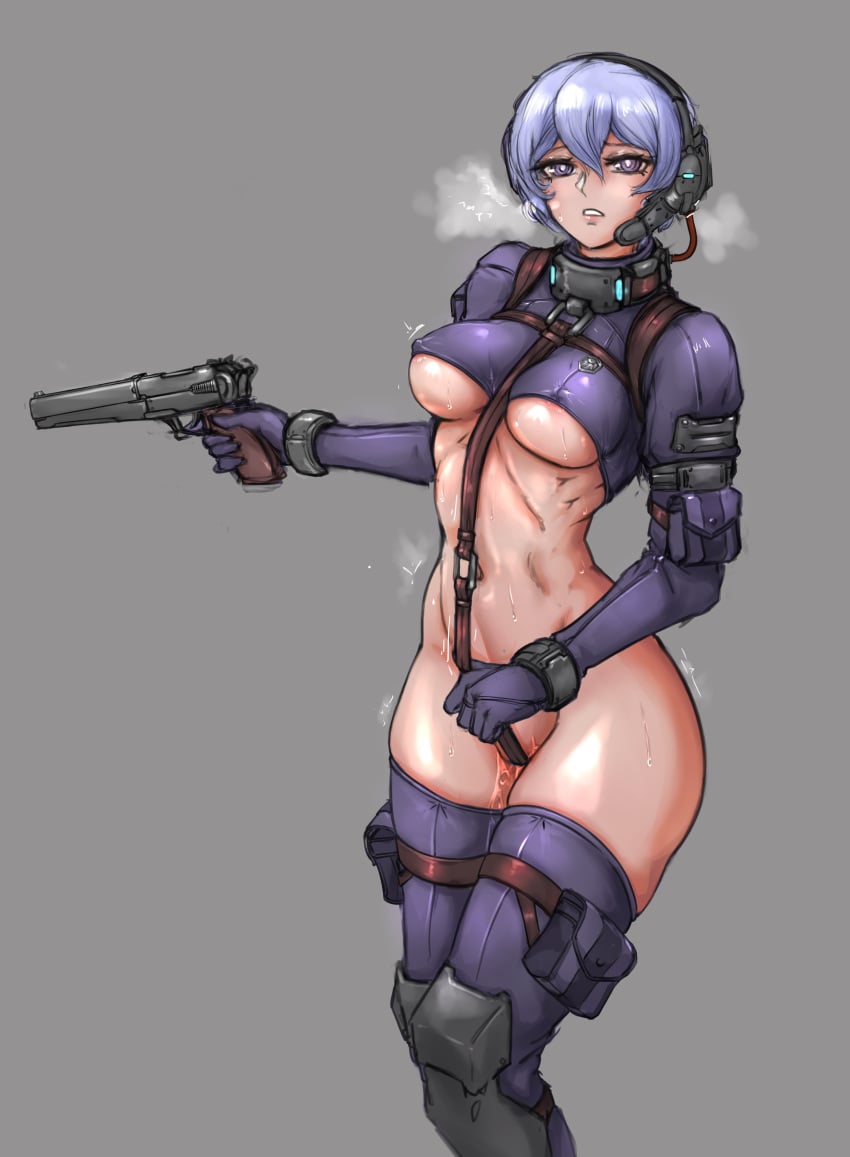 1girls female female_only handgun nipple_bulge purple_eyes pussy_juice skimpy steam sweat tagme the_citadel the_martyr thighhighs underboob weapon