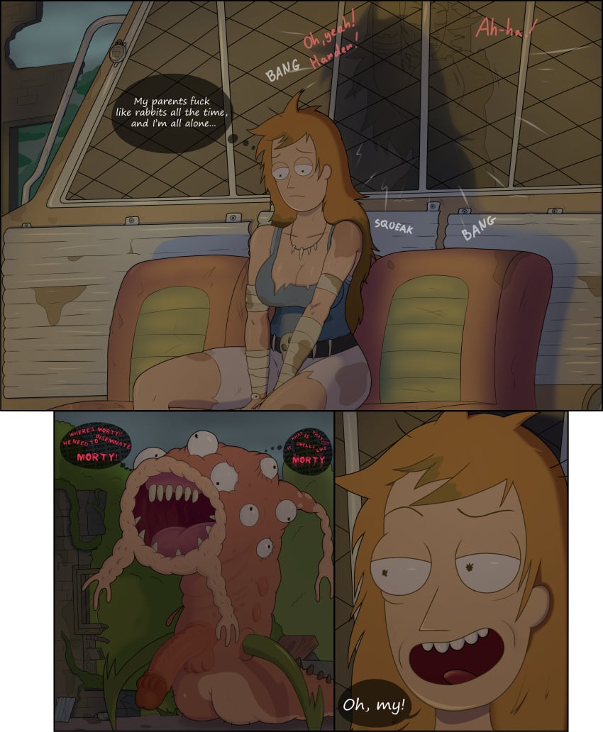 1monster 2girls adult_swim beth_smith cleavage color comic_page cronenberg diklonius english_text female flaccid flaccid_penis frustrated hi_res huge_breasts imminent_sex monster monster_penis multi_eye multiple_girls outdoors ponytail red_hair rick_and_morty sad sitting speech_bubble summer_smith summer_smith_(cronenberg_dimension) text_bubble