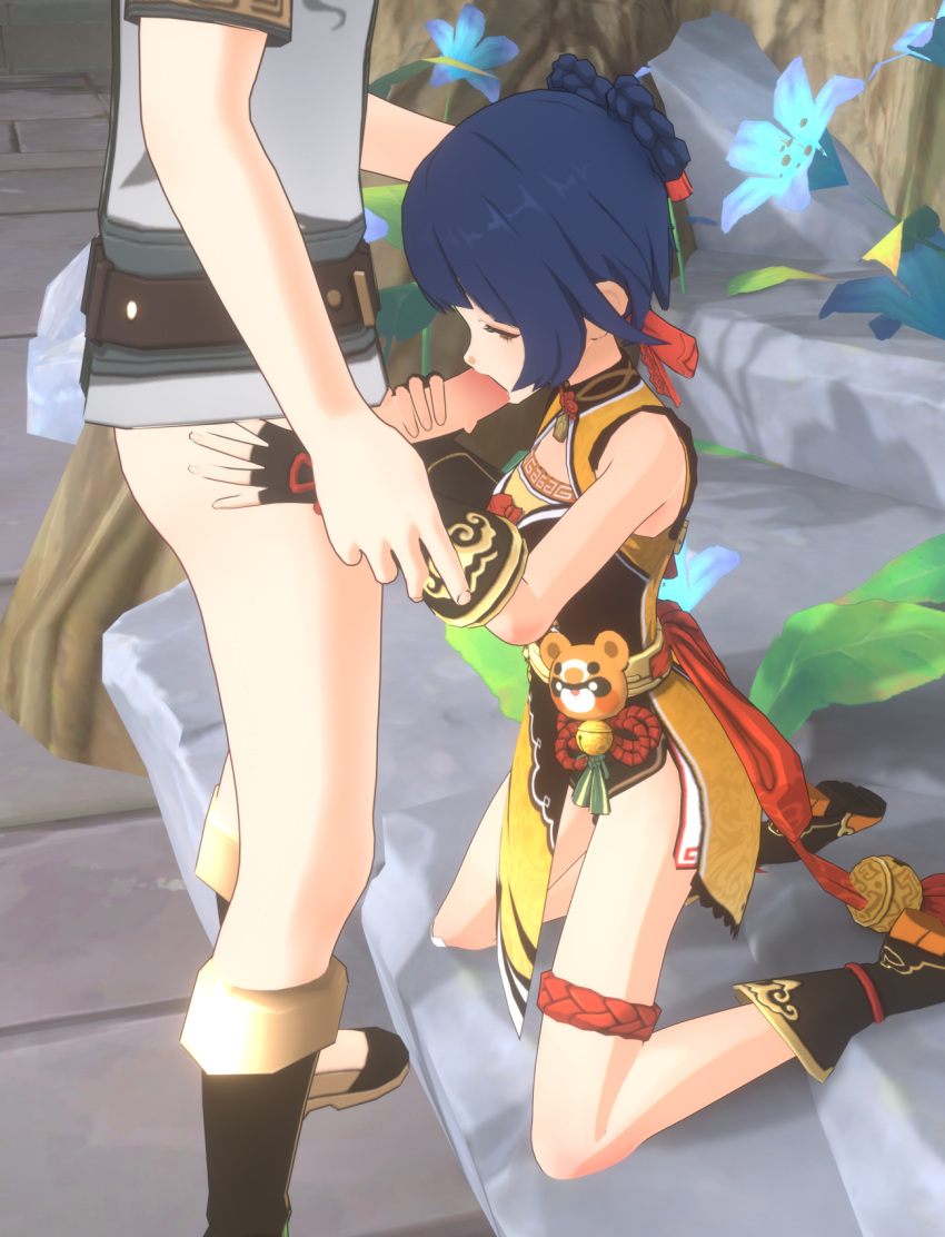 1boy 1girls 3d blowjob blue_hair breasts fellatio female flowers genshin_impact grabbing_arm grabbing_head holding_penis kneeling male penis petite rocks small_breasts standing xiangling_(genshin_impact)