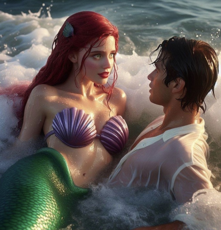 ai_generated ariel ariel_(the_little_mermaid) breasts disney disney_princess female green_tail long_hair mermaid red_hair seashell_bra the_little_mermaid