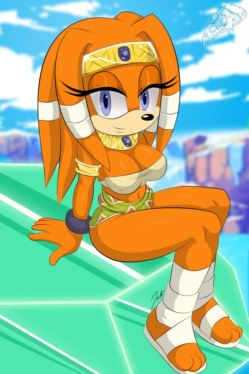 2d 2d_(artwork) 2d_artwork big_ass big_breasts big_butt bracelet collar eyelashes headwear master_emerald myspookypizza orange_fur sandals sega smile sonic_(series) sonic_the_hedgehog_(series) thick_ass thick_thighs tight_clothing tikal_the_echidna violet_eyes