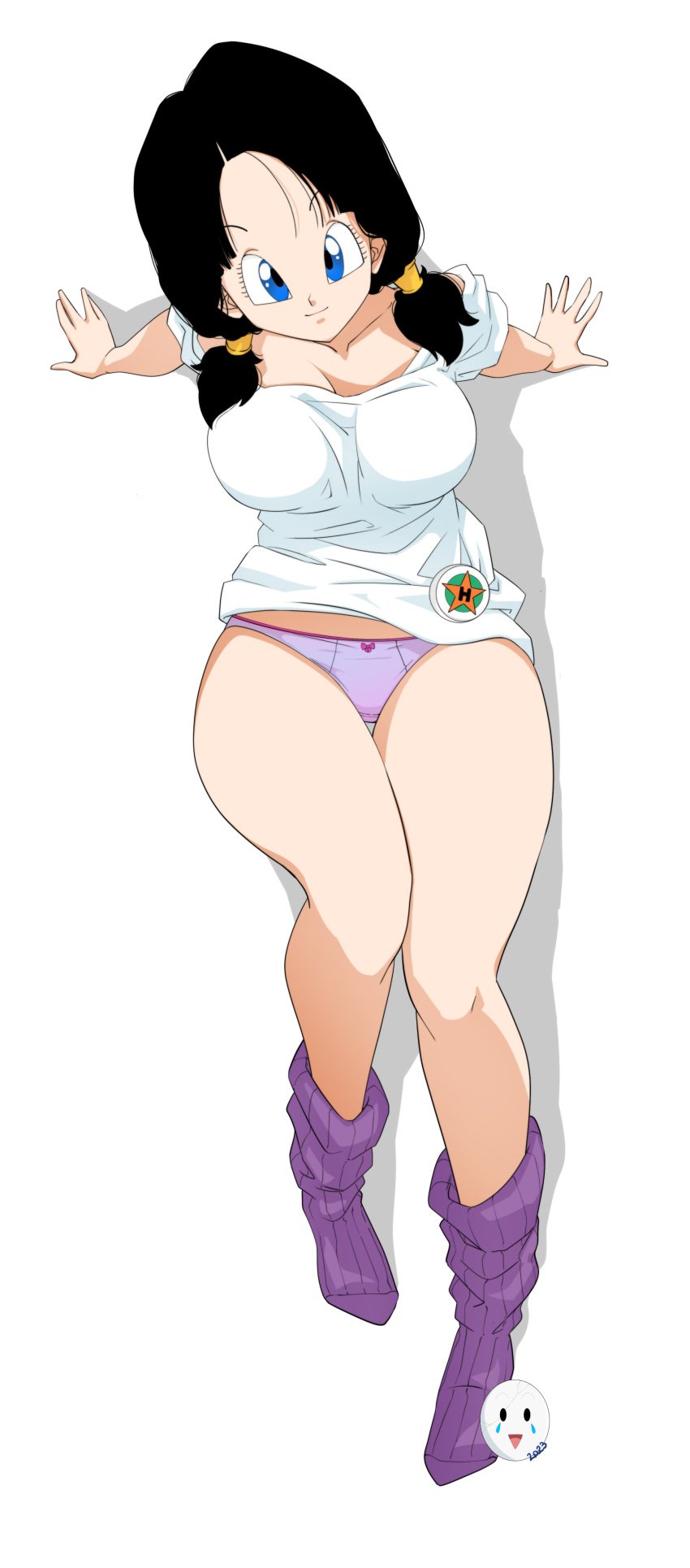 caisama dragon_ball dragon_ball_z female looking_up looking_up_at_viewer panties sitting solo videl white_background