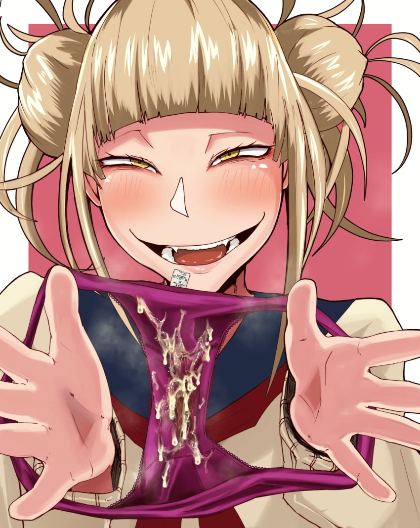 1girls blonde_hair boku_no_hero_academia cum_in_panties dirty_face dirty_panties facing_viewer himiko_toga holding_panties looking_at_viewer my_hero_academia panties pov purple_panties pussy_juice school_uniform solo toga_himiko unworn_panties weird yellow_eyes