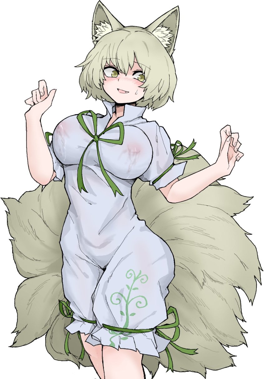 animal_ears breasts cosplay fe_(tetsu) female fox_ears fox_tail green_eyes green_ribbons highres kudamaki_tsukasa kudamaki_tsukasa_(cosplay) lactation lactation_through_clothes large_breasts multiple_tails nipples no_headwear ran_yakumo ribbon see-through short_hair solo tail tails touhou wet wet_clothes white_background yakumo_ran