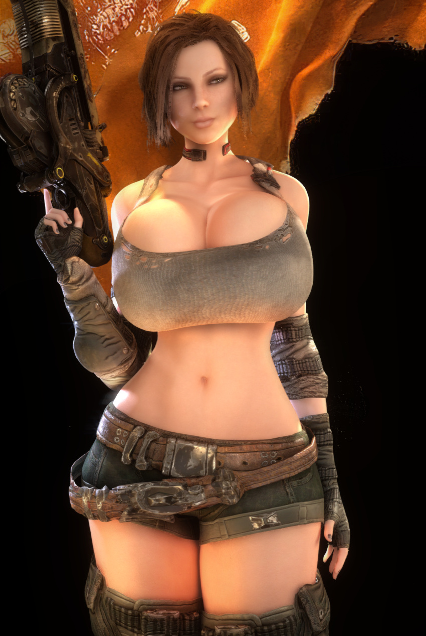 1girls 2023 3d 3d_(artwork) alternate_ass_size alternate_breast_size big_ass breasts_bigger_than_head breasts_bigger_than_torso brown_hair bulletstorm cleavage clothed clothed_female electronic_arts epic_games female female_human female_only female_solo fingerless_gloves gigantic_breasts gloves gun hair_over_one_eye holding_gun holding_object holding_weapon hourglass_figure huge_breasts human human_female human_only large_ass looking_at_viewer midriff people_can_fly short_shorts shorts small_waist solo solo_female thick_thighs thin_waist top_heavy trishka_novak upper_body vaako wasp_waist weapon wide_hips