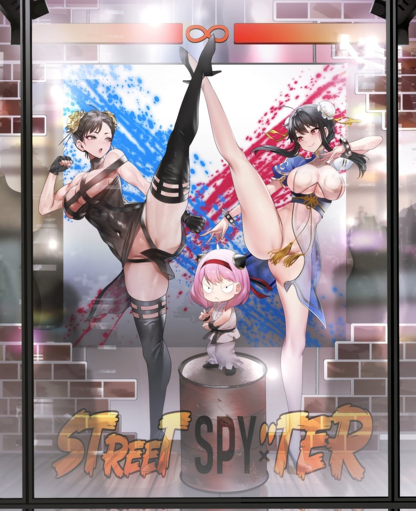 2girls anya_forger black_legwear boots breast_curtains chun-li chun-li_(cosplay) female female_only high_heels human light-skinned_female multiple_girls navel_visible_through_clothes ryu_(street_fighter)_(cosplay) spy_x_family street_fighter teddypocky thorn_princess yor_briar yor_briar_(cosplay) yor_forger