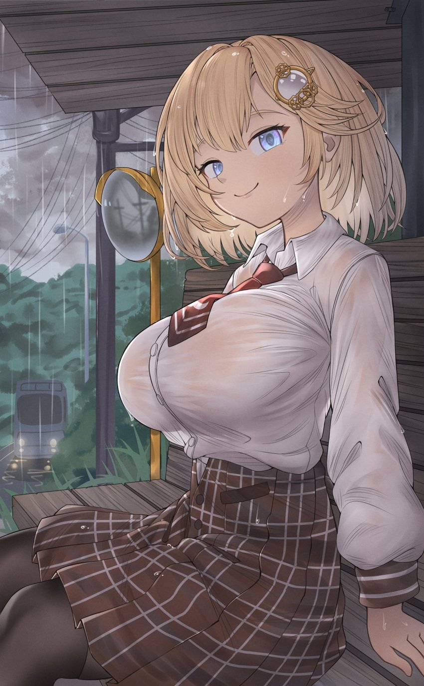 1girl 1girls 2d big_breasts black_legwear blonde_hair blue_eyes breasts button_down_shirt buttons female hair_ornament hi_res highres hololive hololive_english hololive_myth honkivampy huge_breasts large_breasts looking_at_viewer outdoors outside rain red_tie see-through_clothing short_hair sitting smiling sole_female solo solo_female tie train virtual_youtuber vtuber watson_amelia wet wet_body wet_clothes wet_hair wet_skin white_shirt