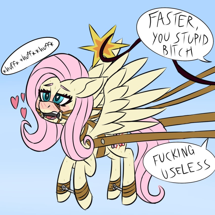 1:1 2021 bondage bondage bound bridle equid equine female feral fluttershy_(mlp) flying friendship_is_magic gag harness hasbro heart hi_res horse mammal my_little_pony offscreen_character pegasus pony solo submissive submissive_female sufficient_(artist) text wagon whip whip_marks whipping wings