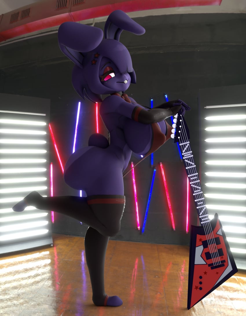 1furry 1robot_girl 3d big_breasts bonfie bonfie_(cryptia) bonnie_(cally3d) bonnie_(fnaf) bunny_ears bunny_girl five_nights_at_freddy's fnaf fredina's_nightclub furry_only guitar purple_hair purple_skin red_eyes round_ass round_butt scottgames shocking_(artist) short_hair solo solo_female thighhighs thighs