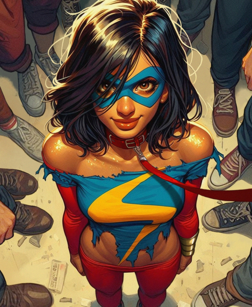 1girls ai_edit ai_generated arms_at_sides bare_shoulders brown_eyes brown_hair brown_skin closed_mouth collar collarbone dark-skinned_female dark_skin domino_mask exposed_shoulders eyelashes eyemask from_above groin hips kamala_khan leash leash_and_collar leashed_collar long_hair long_sleeves looking_at_viewer looking_up low_cut_pants marvel marvel_comics mask masked_female medium_hair ms._marvel multiple_boys muslim_female pakistani_female red_clothing ripped_clothes smile sneakers submissive submissive_female superheroine surrounded_by_men thick_lips torn_clothes torn_clothing