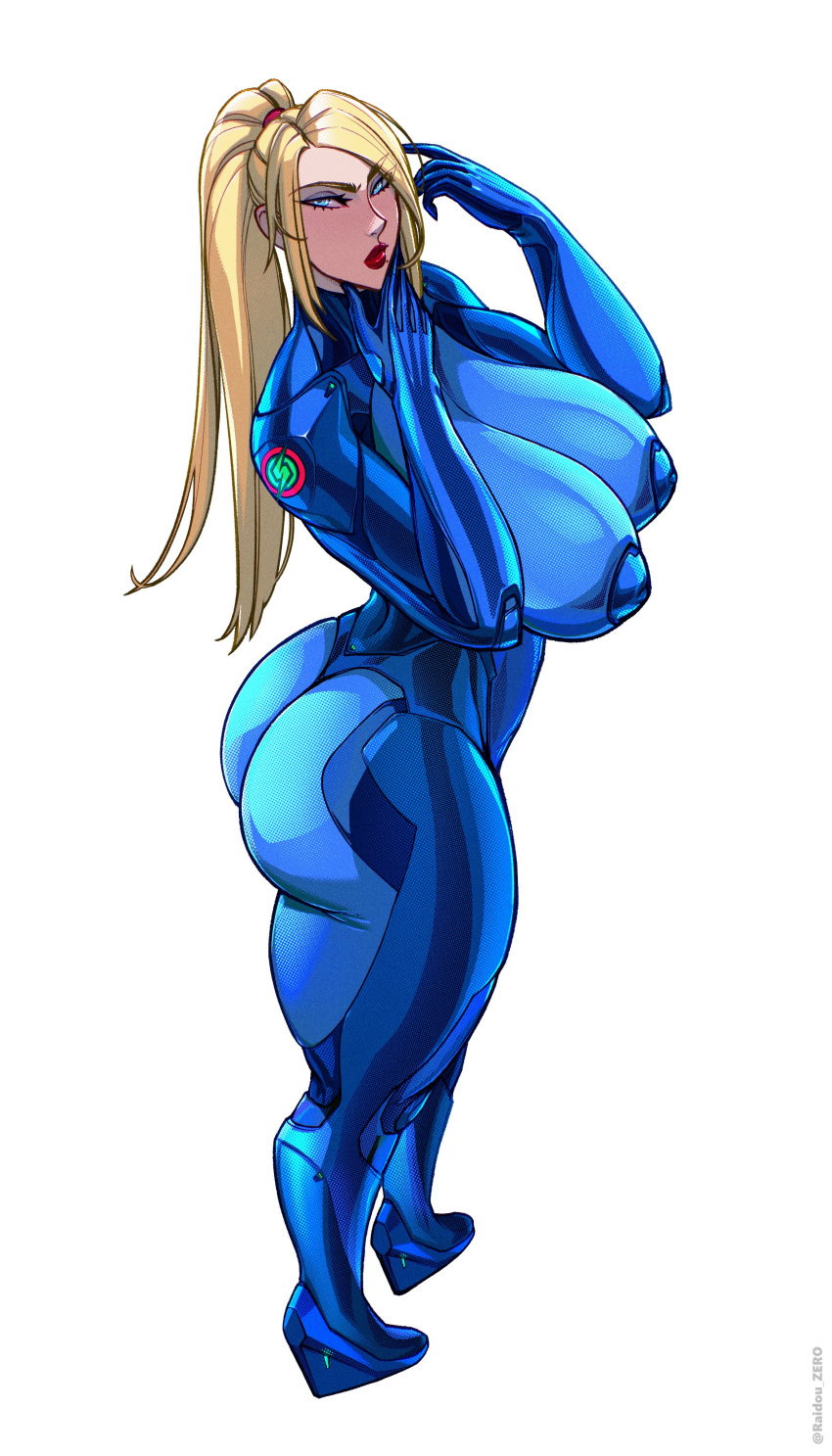 1girls ass big_ass big_breasts blonde_hair blue_bodysuit blue_eyes bodysuit breasts busty curvaceous curvy curvy_body curvy_female curvy_figure female huge_ass huge_breasts large_breasts metroid plump plump_ass ponytail raidouzero samus_aran voluptuous white_background zero_suit_samus