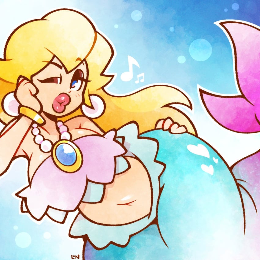 1girls beads big_breasts blonde_hair blue_eyes earrings female feminine fish_tail hair large_breasts legendofnerd looking_at_viewer mario_(series) mermaid mermaid_peach navel necklace nintendo princess_peach princess_peach:_showtime! solo underwater wink