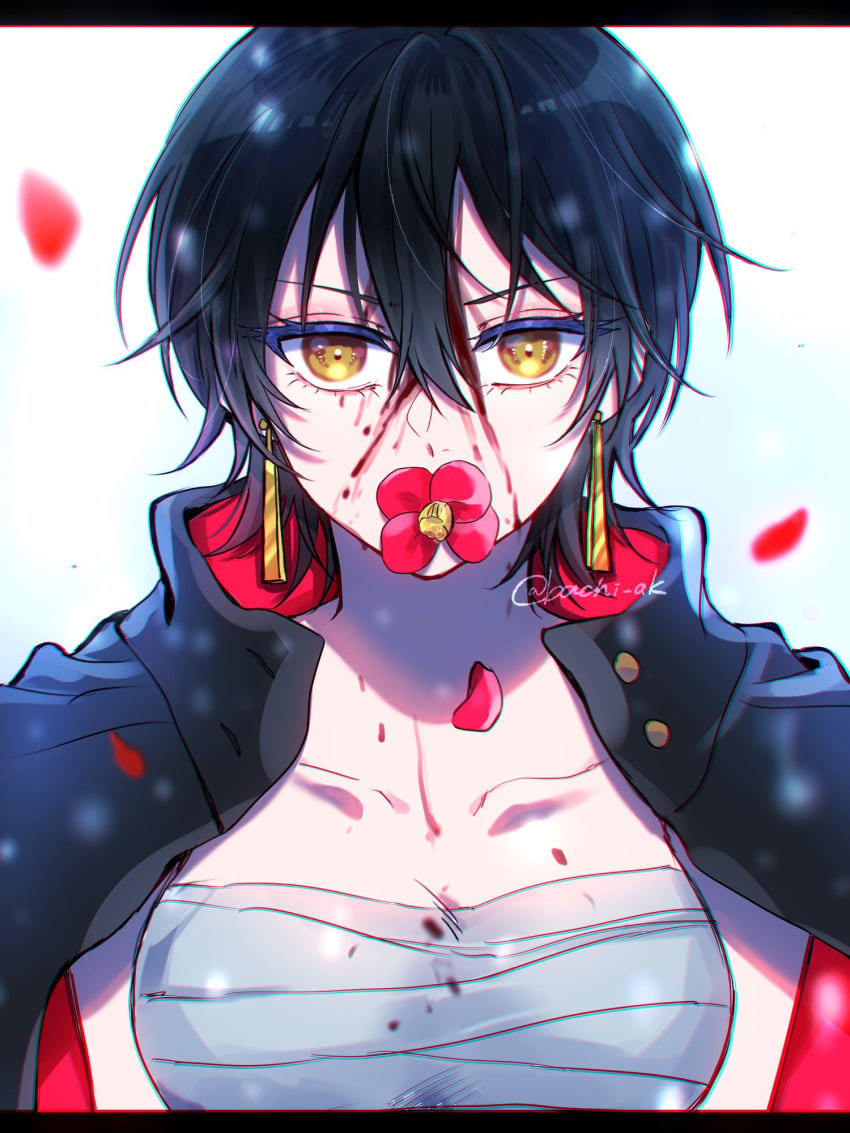 bachi_ak bandage_bra bandages big_breasts blood dark_hair first_porn_of_character flower flower_in_mouth hiyuki_kagari kagurabachi red_flower reverse_trap tagme tomboy white_background yellow_eyes