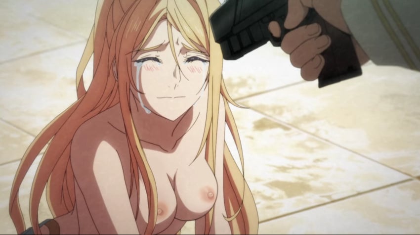 blonde_hair chloe_morgan_(hametsu_no_oukoku) closed_eyes crying edit gun hametsu_no_oukoku long_hair medium_breasts nipples screencap topless